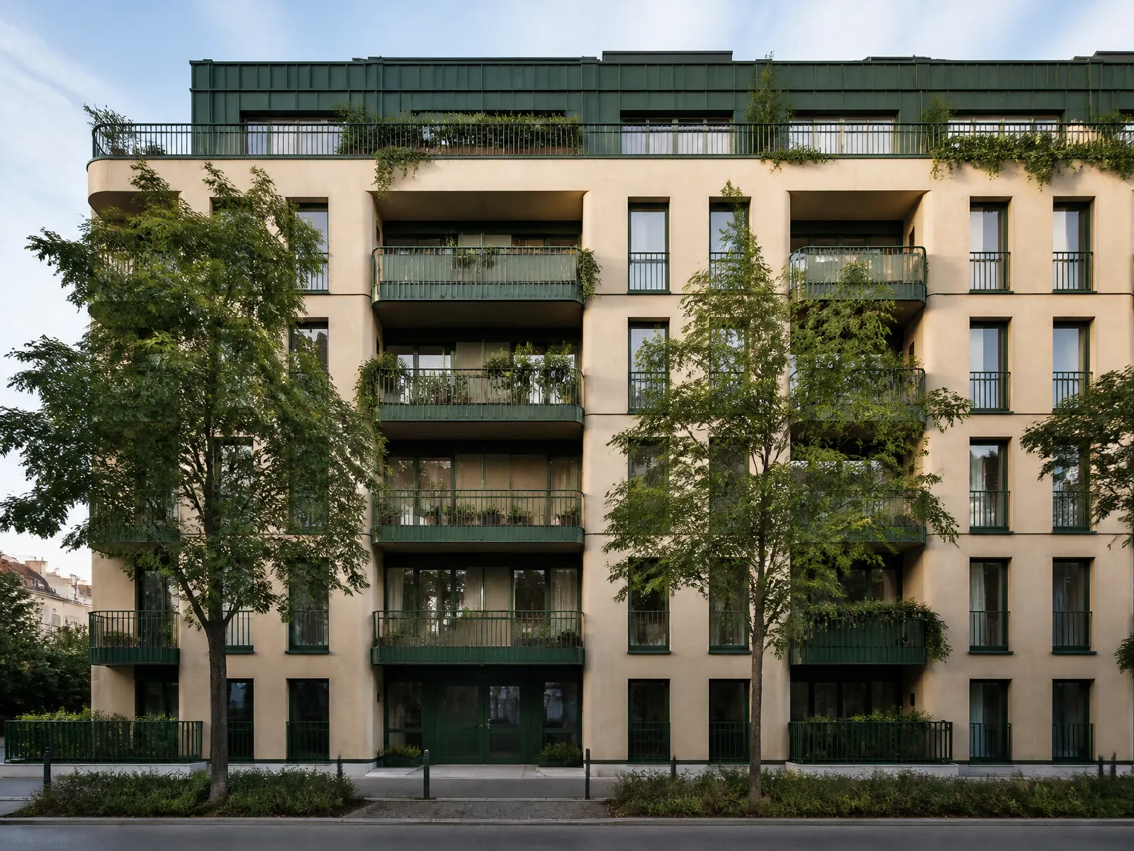 Fasáda mestského bytového domu s balkónmi a stromami pred vchodom