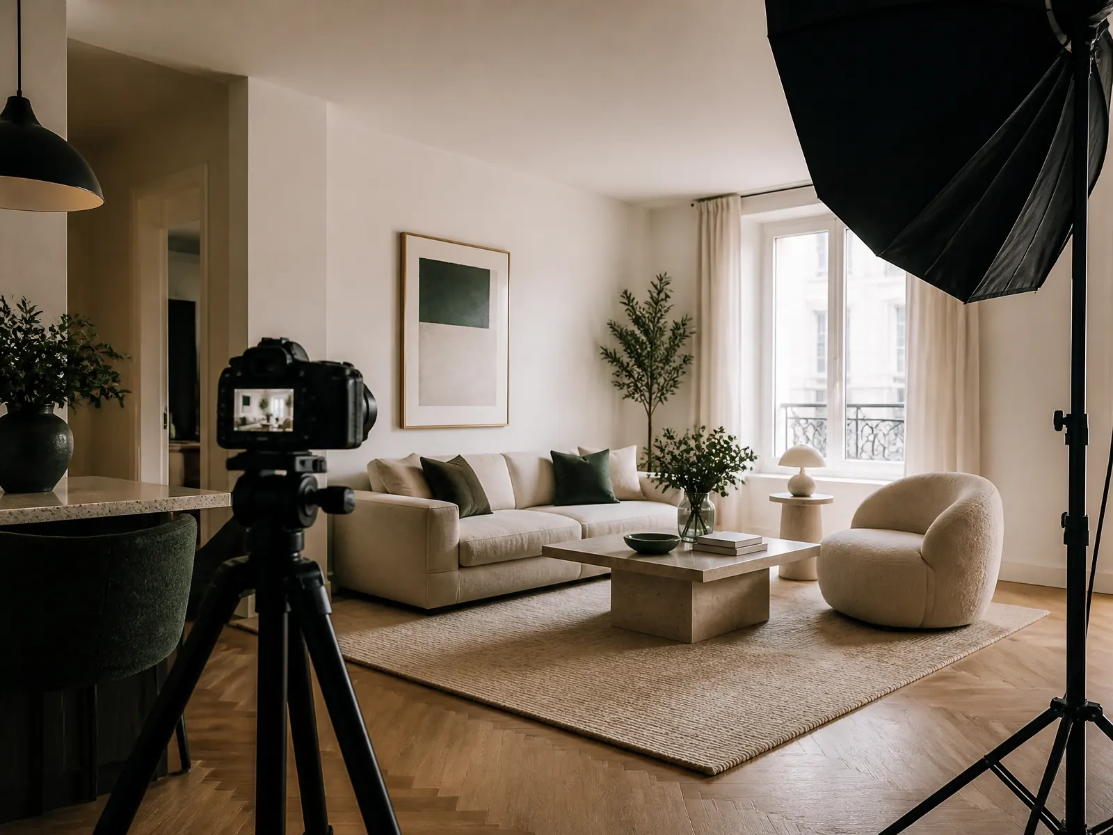 Fotografovanie pripraveného interiéru na statíve so softboxom pri okne